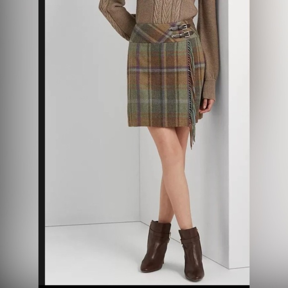 Lauren Ralph Lauren Wool Plaid Tweed look Fringe Trim Mini Skirt Size 10 new‎